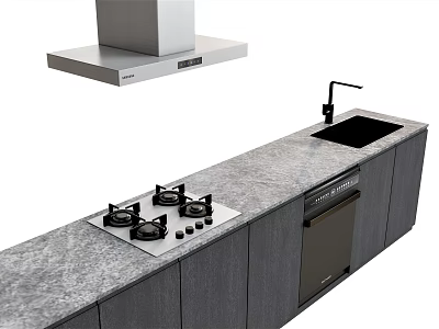 Modern Gray Kitchen Island Cabinets With Stone Countertop Gas Stove Sink And Range Hood 3d model