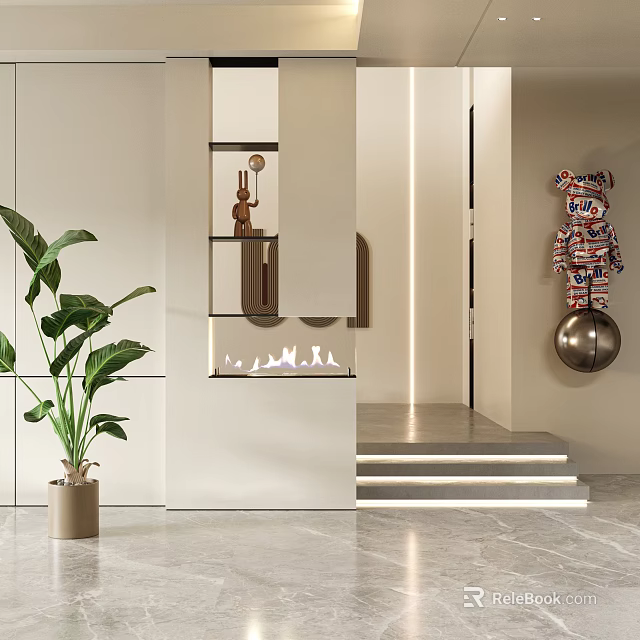 Modern Entryway Interior With Potted Plant Decorative Sculpture And Ambient Lighting 3d model 