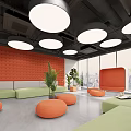 Modern Relaxation Area With Orange Wall Green Sofas Orange Round Ottomans And White Pendant Lights