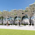 Hexagonal Pergola Open Structure With Paved Ground And People Enjoying Green Grass