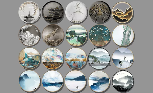 New Chinese Style Round Frame Painting Decorative Hanging Painting Round Landscape Zen Hanging Painting Round Luminous Mural Corridor Hanging Painting Wall Decoration Pendant with Light 3d model