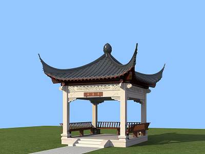 Traditional Chinese Pavilion with Black Tiled Roof White Pillars and Wooden Benches on Green Lawn 3d model