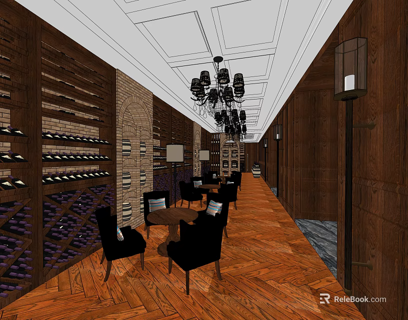 Elegant Club Interior With Wooden Wine Racks Chandeliers And Leather Dining Chairs 3d model 