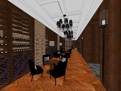Elegant Club Interior With Wooden Wine Racks Chandeliers And Leather Dining Chairs 3d model