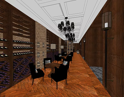 Elegant Club Interior With Wooden Wine Racks Chandeliers And Leather Dining Chairs 3d model