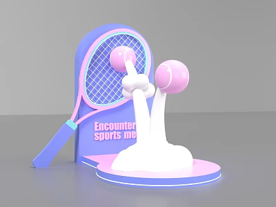 Tennis Themed Photo Check in Spot with Blue Racket Pink Balls Encounter Sports me Text 3d model