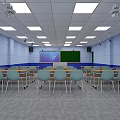 School Classroom With Blue Walls Desks And Chairs Projector And Ceiling Lights Setup 3d model