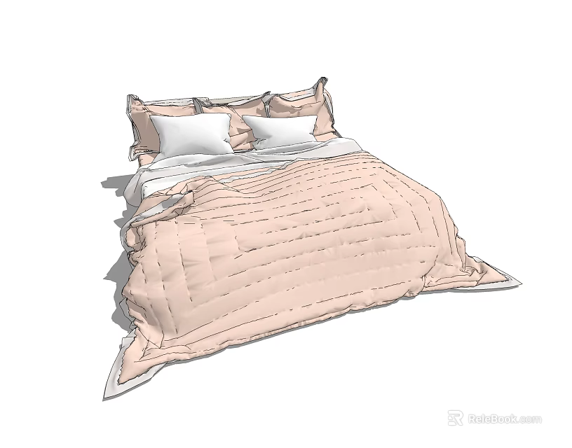 Double Bed With Pink Quilt And White Pillows In Cozy Bedroom Setting 3d model 