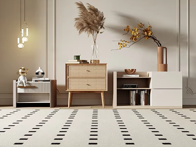 Modern Bedroom Nightstand Design With Rattan Drawers And Decorative Vases 3d model