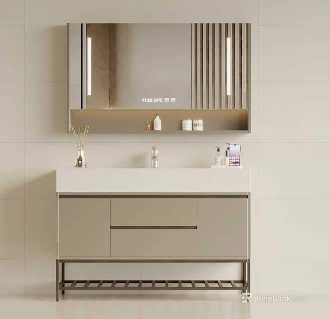 Modern Minimalist Bathroom Vanity Cabinet With Ceramic Top Mirror LED Lights And Storage Drawers 3d model 