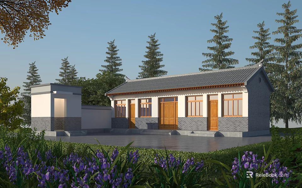 Rural Self Built House with Traditional Tiled Roof Wooden Door Windows and Garden Trees Flowers 3d model 