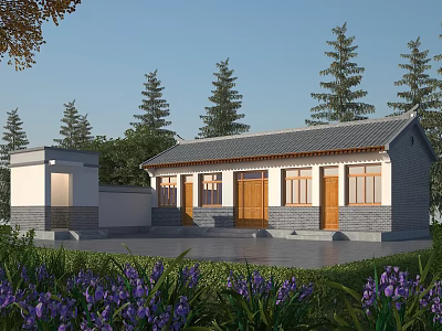 Rural Self Built House with Traditional Tiled Roof Wooden Door Windows and Garden Trees Flowers 3d model