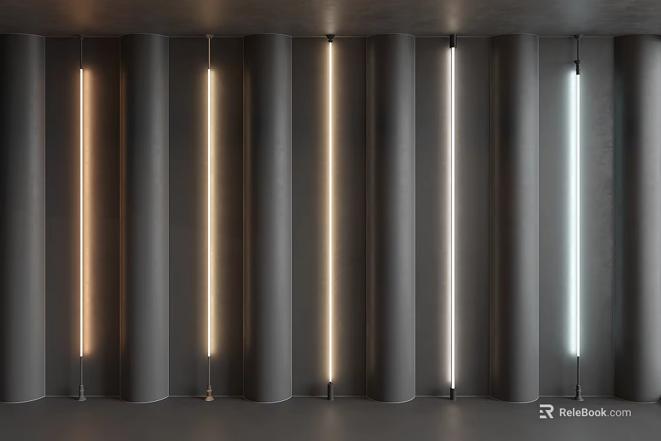 Modern Minimalist Gray Wall Design With Vertical Cylindrical Structures And Integrated Lighting 3d model 