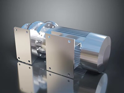 Shiny Silver Industrial Motor with Metal Housing Cooling Fins and Mounting Plates 3d model