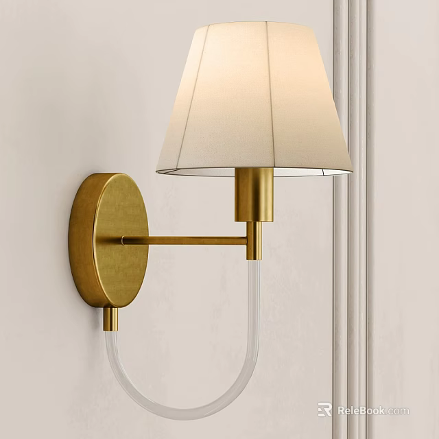 Modern Minimalist Wall Lamp With Golden Curved Arm And Fabric Shade On Light Wall 3d model 