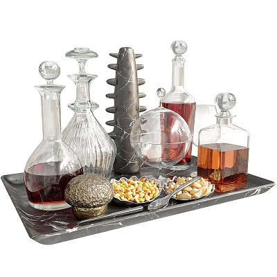 Elegant Wine Bottles and Drinking Glasses on a Decorative Tray with Nuts and Snacks 3d model