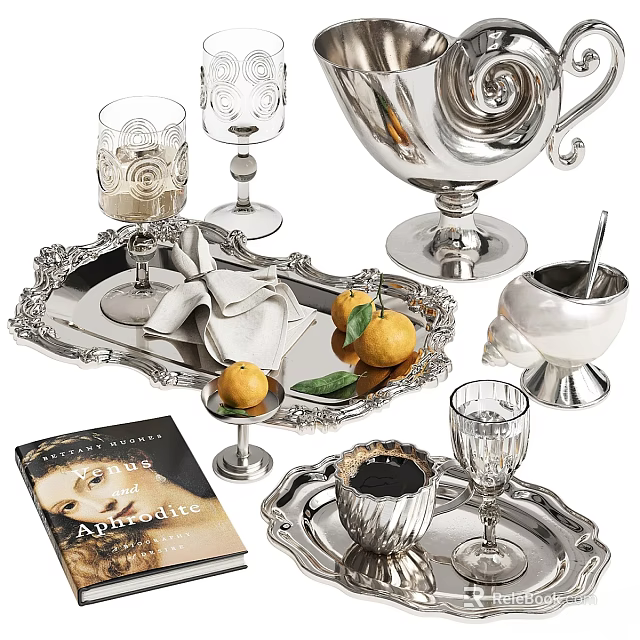 Elegant Silver Tableware Set With Trays Wine Glasses Oranges And Green Leaves 3d model 