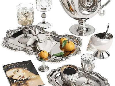 Elegant Silver Tableware Set With Trays Wine Glasses Oranges And Green Leaves 3d model