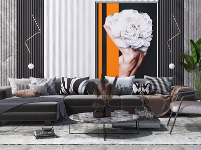 Modern Sofa And Coffee Table Set With Geometric Pillows Area Rug And Wall Art Decor 3d model
