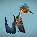 Feathered Flying Pterosaur With Blue Feathers Orange Beak And Blue Wings In Flight