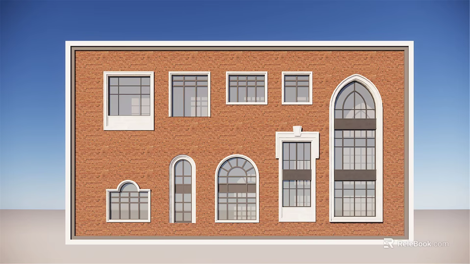 Brick Building Facade With Various Arched And Rectangular Windows Design 3d model
