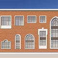 Brick Building Facade With Various Arched And Rectangular Windows Design 3d model