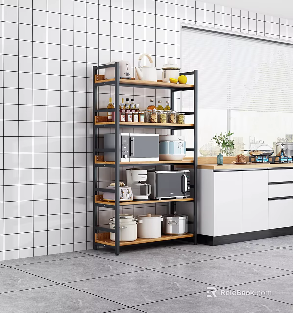 Multi Tier Kitchen Shelf With Metal Frame Wooden Shelves Microwave Coffee Maker Jars And Bottles 3d model 