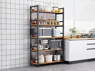 Multi Tier Kitchen Shelf With Metal Frame Wooden Shelves Microwave Coffee Maker Jars And Bottles 3d model