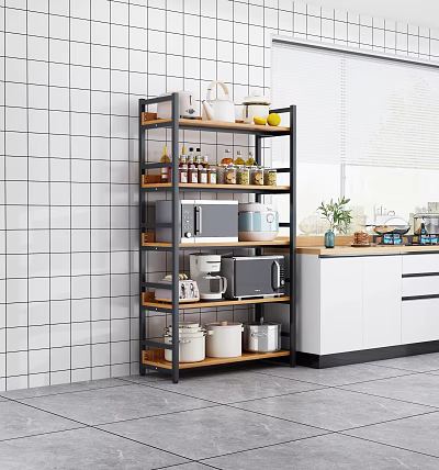 Multi Tier Kitchen Shelf With Metal Frame Wooden Shelves Microwave Coffee Maker Jars And Bottles 3d model