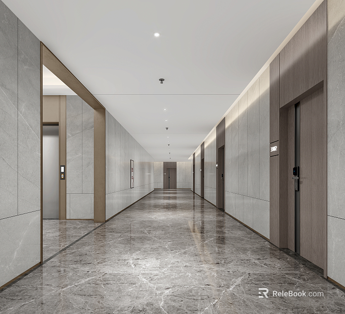 Modern Hotel Corridor With Spacious Marble Floor Minimalist Walls And Elevator Doors 3d model 