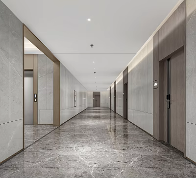 Modern Hotel Corridor With Spacious Marble Floor Minimalist Walls And Elevator Doors 3d model