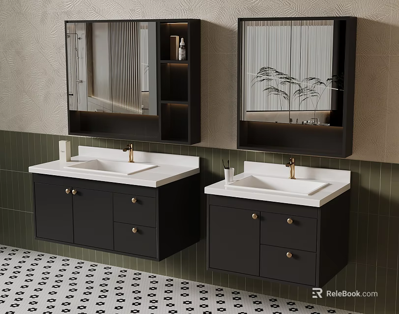 Modern Double Bathroom Vanities With Black Cabinets White Sinks Mirrored Cabinets Green Tiled Walls 3d model 