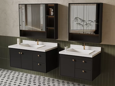 Modern Double Bathroom Vanities With Black Cabinets White Sinks Mirrored Cabinets Green Tiled Walls 3d model
