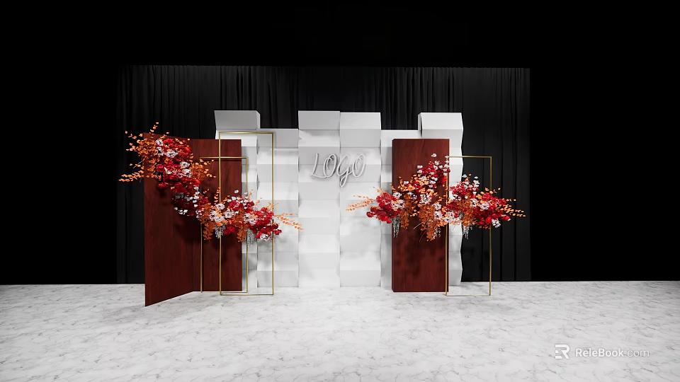 Elegant Wedding Decor With Red Orange Flowers White Brown Backdrop And Gold Frames 3d model 