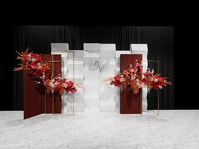 Elegant Wedding Decor With Red Orange Flowers White Brown Backdrop And Gold Frames 3d model