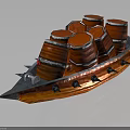 Traditional Orange Wooden Boat With Red Barrels And Metal Details Sailing On Water