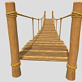 Outdoor Rope Bridge Structure With Wooden Planks Rope Railings And Wooden Posts