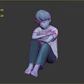 Blue Haired Humanoid Creature Character Sitting Hugging Knees On Reflective Gray Floor