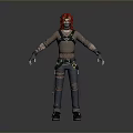 Futuristic 3D Character Model With Red Hair And Torn Leather Outfit Standing Pose