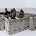 Game Movie Characters In Combat Gear Standing In Stone Wall Enclosure With Weapons