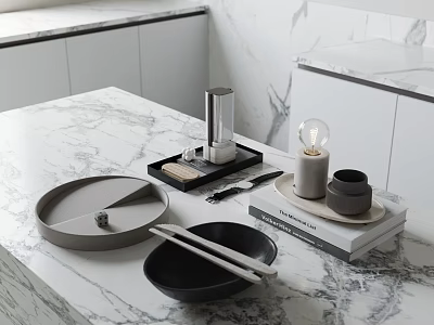 Modern Decorative Ornament Set with Tray Black Cup Lamp Ornament and Books on Marble Countertop 3d model