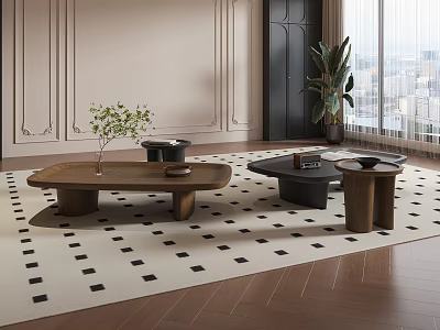 Modern Wooden And Black Coffee Tables On Geometric Rug With Indoor Plant 3d model