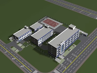 Aerial View of Modern School Campus With Buildings and Sports Court 3d model