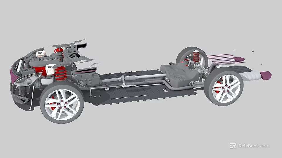 Detailed Car Chassis Structure With Wheels Suspension System And Frame Components 3d model 