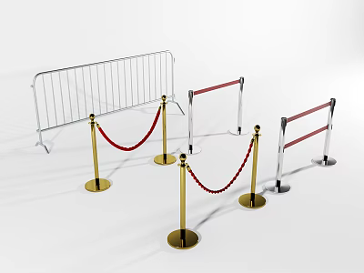 Metal Barricades And Red Rope Stanchions With Golden Bases For Crowd Control 3d model