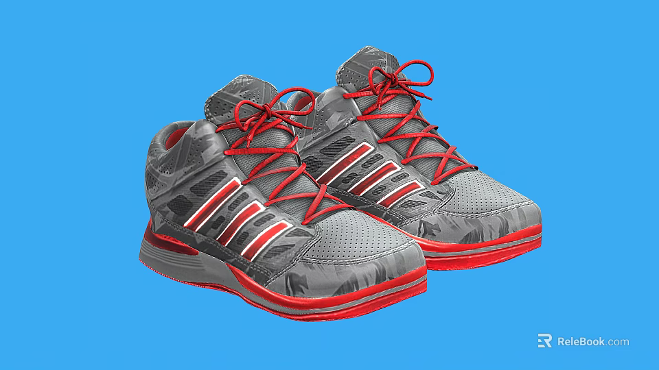Gray High Top Athletic Shoes With Red Laces And Red White Stripes On Red Soles 3d model 
