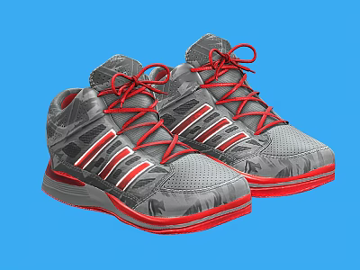 Gray High Top Athletic Shoes With Red Laces And Red White Stripes On Red Soles 3d model