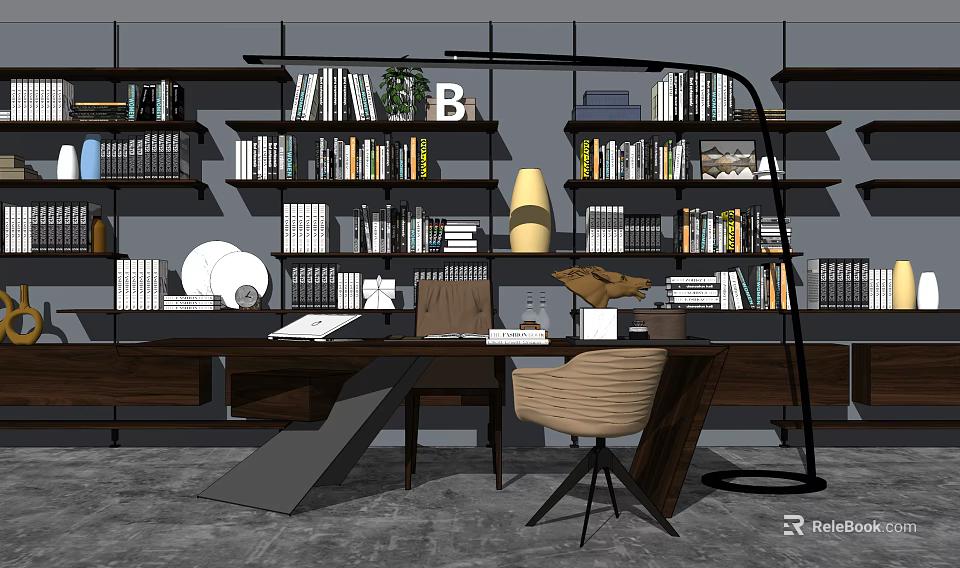 Modern Home Office Desk With Bookshelves Books Table Lamp And Comfortable Chair 3d model 