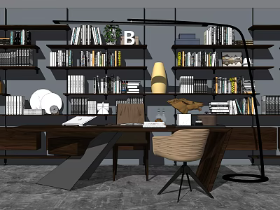 Modern Home Office Desk With Bookshelves Books Table Lamp And Comfortable Chair 3d model