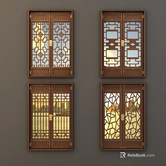 Elegant Traditional Wooden Double Doors With Carved Lattice Glass Panels Design 3d model 